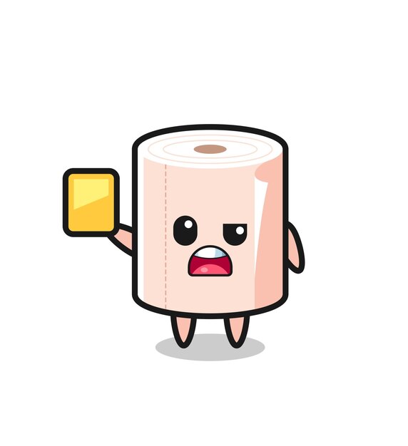 Personaje de rollo de tejido de dibujos animados como árbitro de fútbol dando una tarjeta amarilla