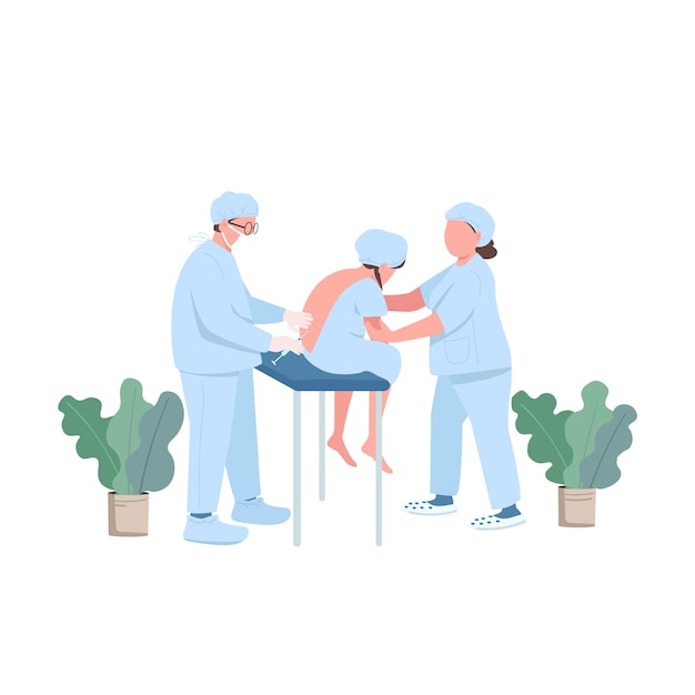 Personaje sin rostro de color plano paciente embarazada. Tratamiento para aliviar el dolor. Cuidado prenatal. Doctor en clínica. Ilustración de dibujos animados aislado de inyección espinal para diseño gráfico y animación web