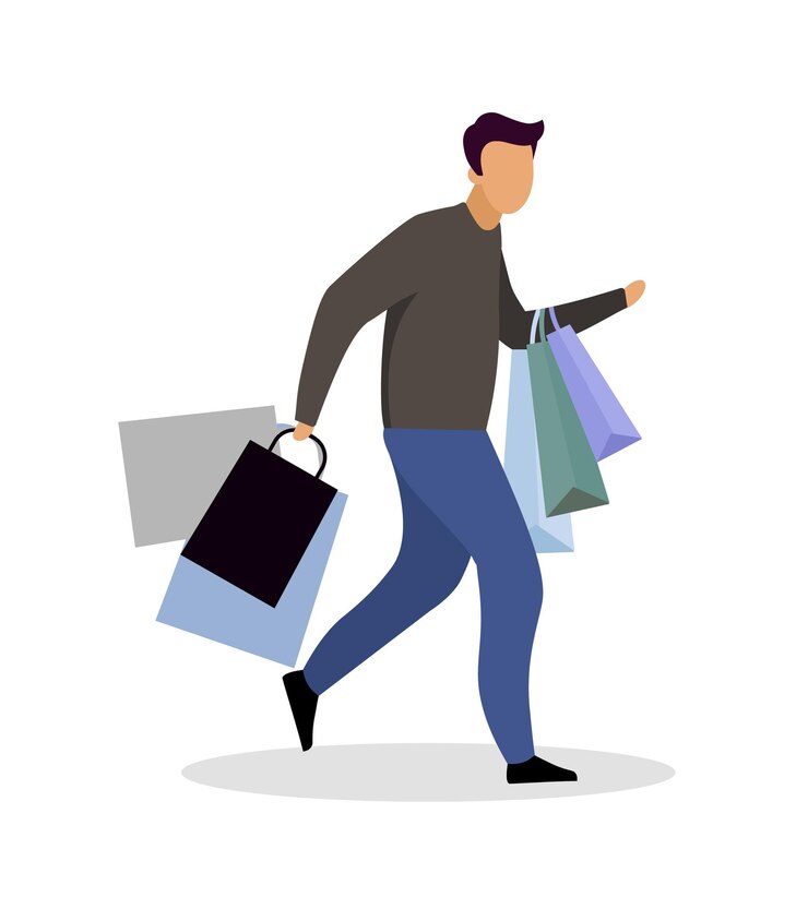 Vector personaje sin rostro de vector de color plano adicto a las compras masculino. adicción a las compras. compra compulsiva de bienes. visita al centro comercial aislado ilustración de dibujos animados para diseño gráfico y animación web