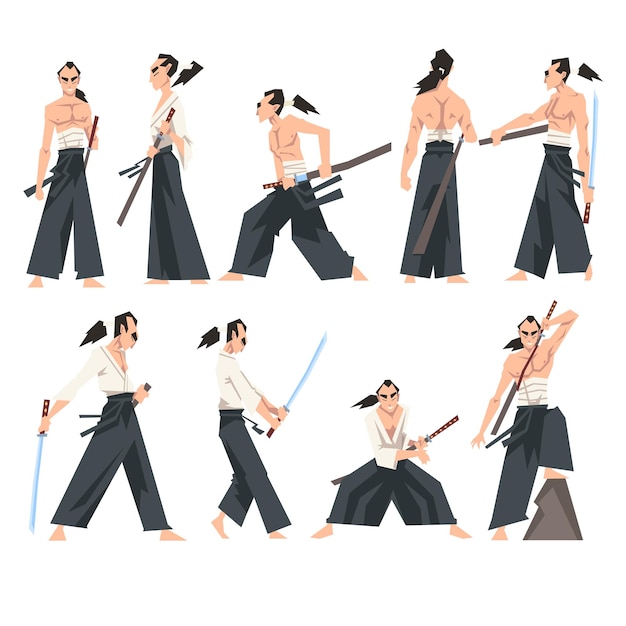 Vector personaje de samurai que lleva hakama y sostiene el conjunto vectorial de espadas japonesas