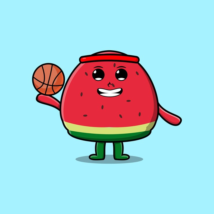 Vector personaje de sandía de dibujos animados lindo jugando baloncesto en ilustración de diseño de estilo plano moderno