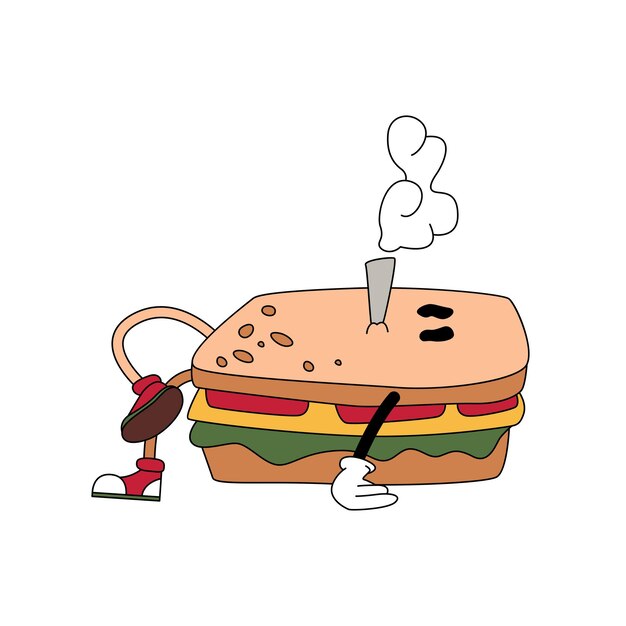 Un personaje de sándwich mentiroso y psicodélico fumando un cigarrillo.