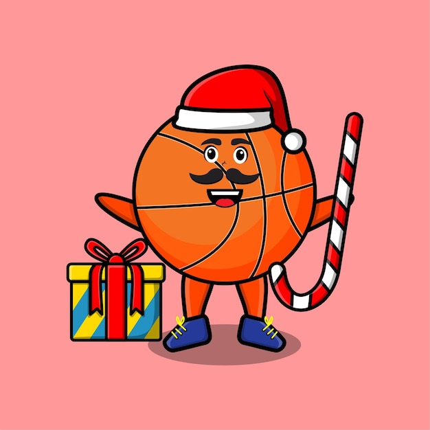 El personaje de santa claus de baloncesto de dibujos animados lindo está trayendo bastones de caramelo y cajas de navidad