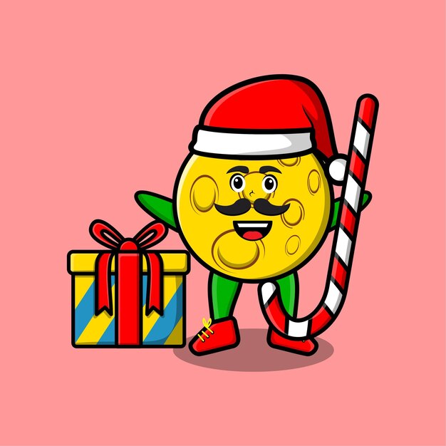 El personaje de santa claus de la luna de dibujos animados lindo está trayendo bastones de caramelo y cajas ilustración de navidad
