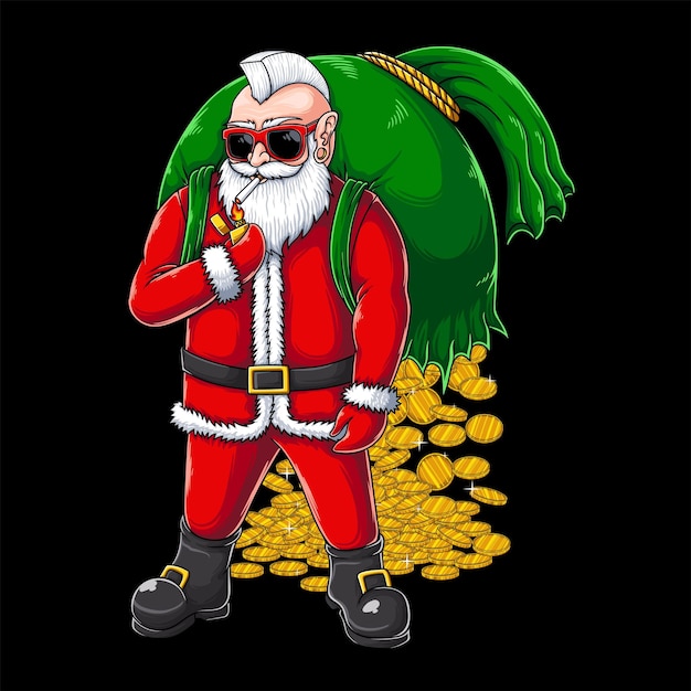 Personaje de Santa llevando una bolsa de monedas de oro ilustración vectorial