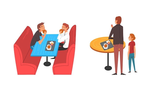Personaje sentado en la mesa comiendo en el patio de comidas en el centro comercial Conjunto vectorial