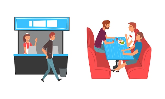 Personaje sentado en la mesa comiendo en el patio de comidas en el centro comercial Conjunto vectorial