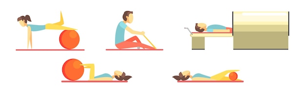 Personaje en la sesión de fisioterapia y rehabilitación Conjunto vectorial