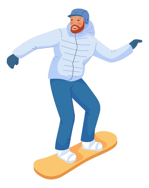 Personaje de snowboarder hombre montando snowboard deporte de invierno aislado sobre fondo blanco