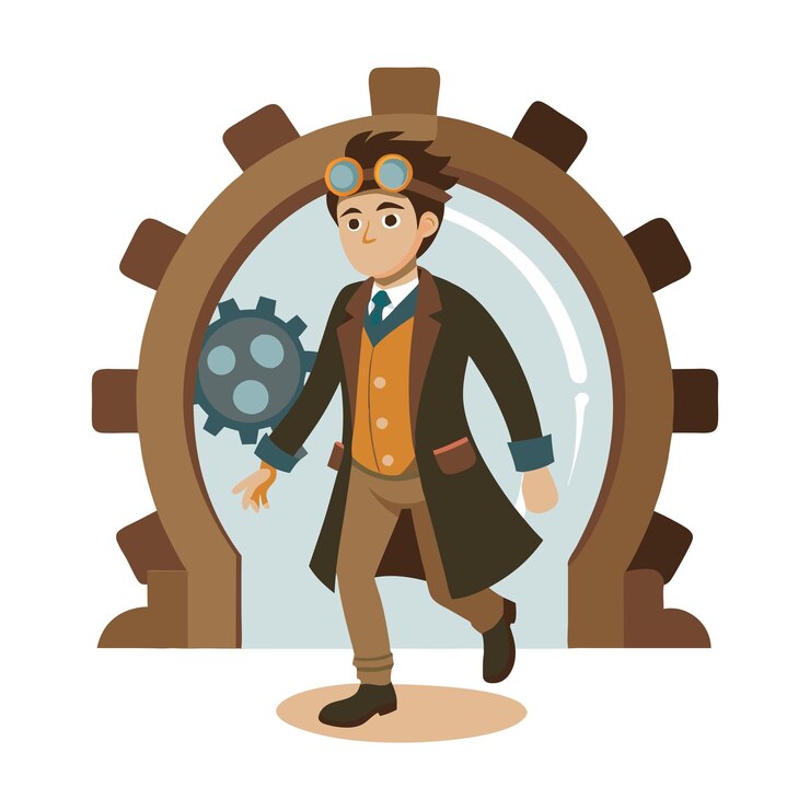Vector personaje steampunk en traje vintage con fondo de equipo