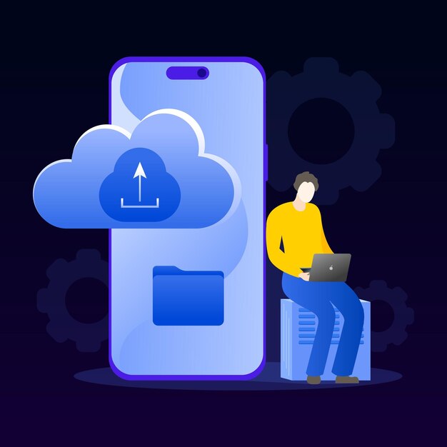 El personaje sube datos de una computadora portátil a un teléfono inteligente mientras está sentado en el servidor Ilustración vectorial