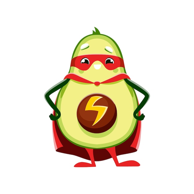 Personaje de superhéroe de aguacate de dibujos animados con signo de relámpago Personaje heroico de vengador vegetal vectorial aislado con una máscara de uso corporal en forma de aguacate y capa lista para salvar el día con sus superpoderes