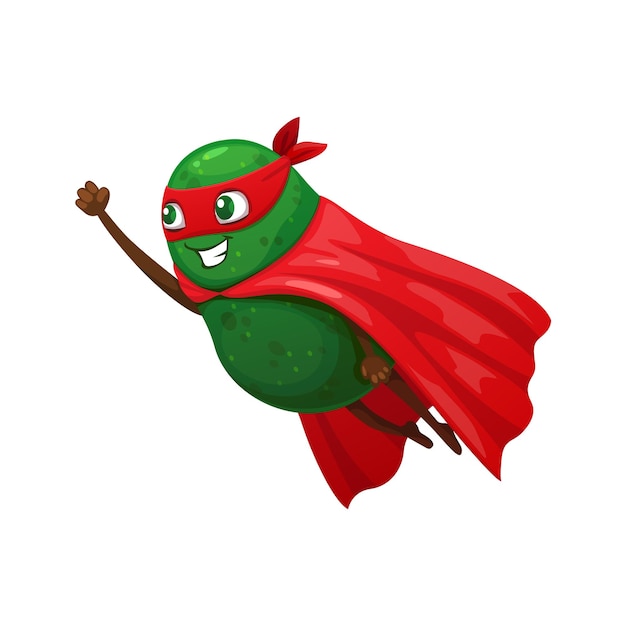Personaje de superhéroe de aguacate mexicano de dibujos animados volando en emoticono emoji vectorial de capa de poder Niños divertido superhéroe de aguacate o guardabosques de rescate con máscara roja para un lindo personaje kawaii