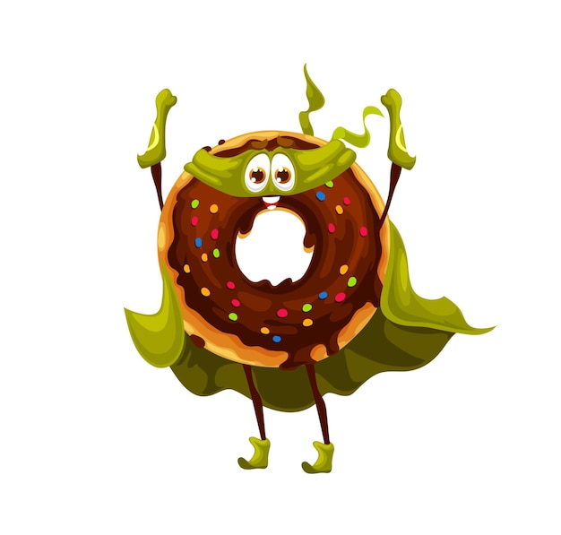 Personaje de superhéroe de donut divertido de dibujos animados en cabo