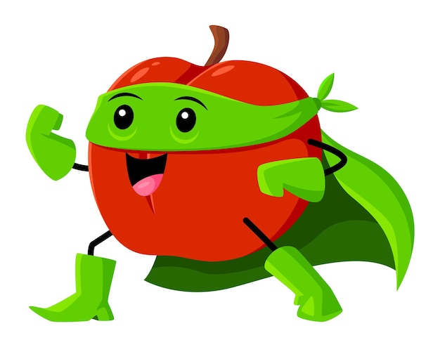 El personaje de superhéroe de la fruta de la manzana roja de dibujos animados usa una capa verde y una máscara que difunde la bondad y la positividad en toda la comunidad de la fruta Personaje afrutado dulce fresco del vector aislado para la historia de los niños