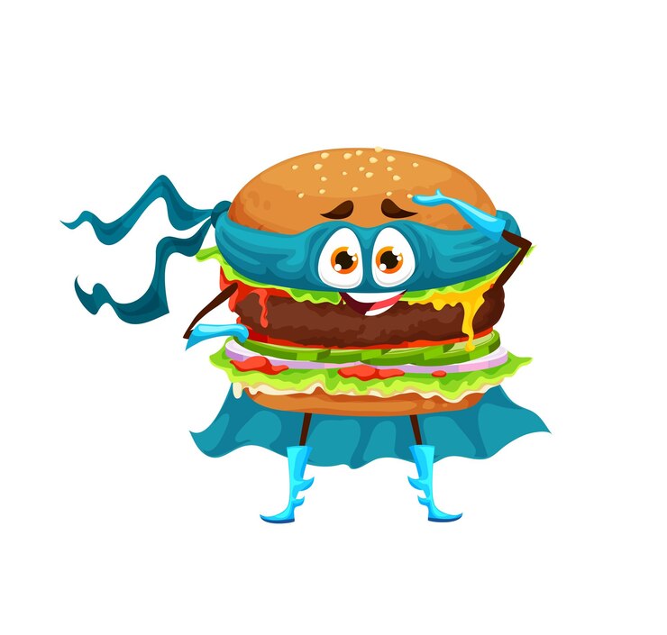 Vector personaje de superhéroe de hamburguesa divertida de dibujos animados en máscara