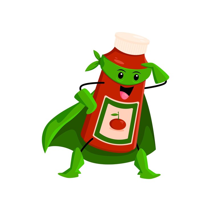 Vector personaje de superhéroe de ketchup de comida rápida de dibujos animados botella de salsa de tomate héroe personaje infantil defensor de ketchup de comida rápida o superhéroe vector aislado personaje alegre o mascota cómica