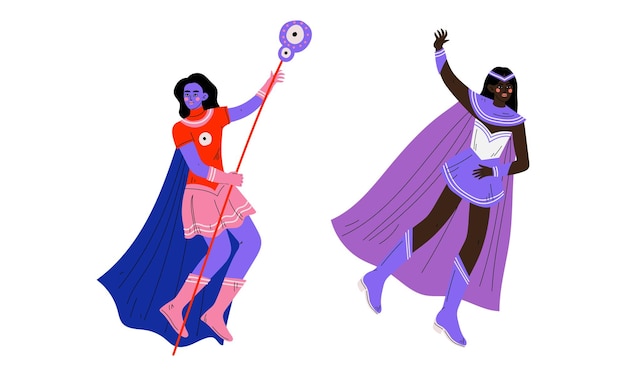 Personaje de superhéroe mujer que usa una capa que tiene un conjunto de vectores de superpoderes