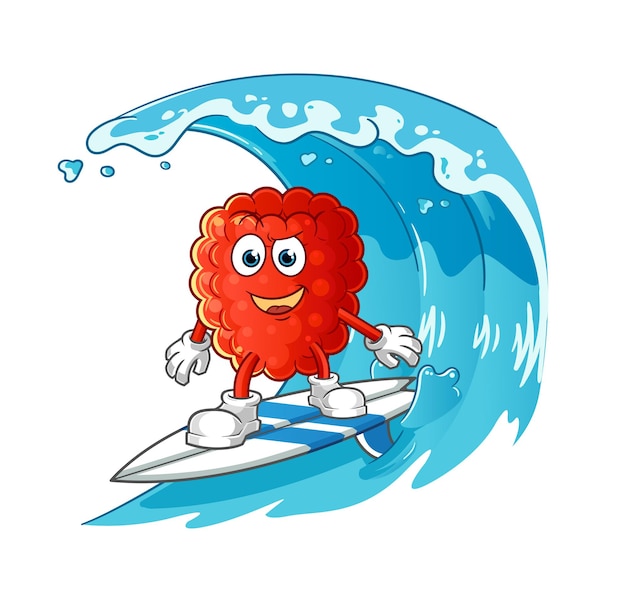 Personaje de surf de frambuesa. vector de mascota de dibujos animados