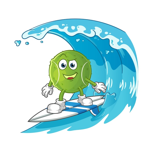 Vector personaje de surf de pelota de tenis. vector de mascota de dibujos animados