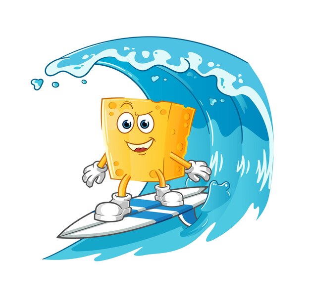 personaje de surf de queso. vector de mascota de dibujos animados