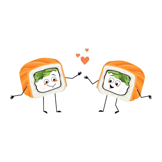 Personaje de sushi con emociones de amor sonrisa cara brazos y piernas Persona con expresión feliz emoticono de comida asiática Vector ilustración plana