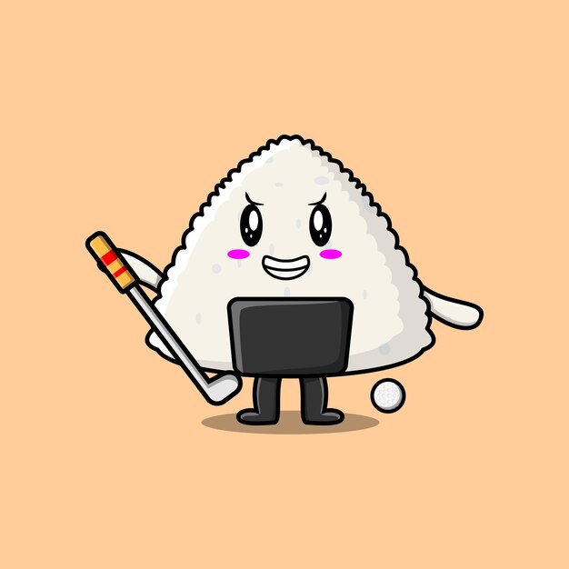 Personaje de sushi japonés de arroz de dibujos animados lindo jugando al golf en la ilustración de dibujos animados plana de concepto