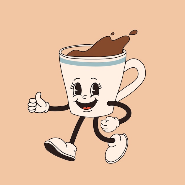 Vector el personaje de la taza de café de dibujos animados retro mug mascota en diferentes poses de los años 60 70 80 groovy taza de espresso