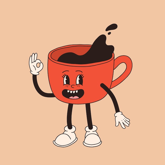 El personaje de la taza de café de dibujos animados retro Mug mascota en diferentes poses de los años 60 70 80 groovy taza de espresso