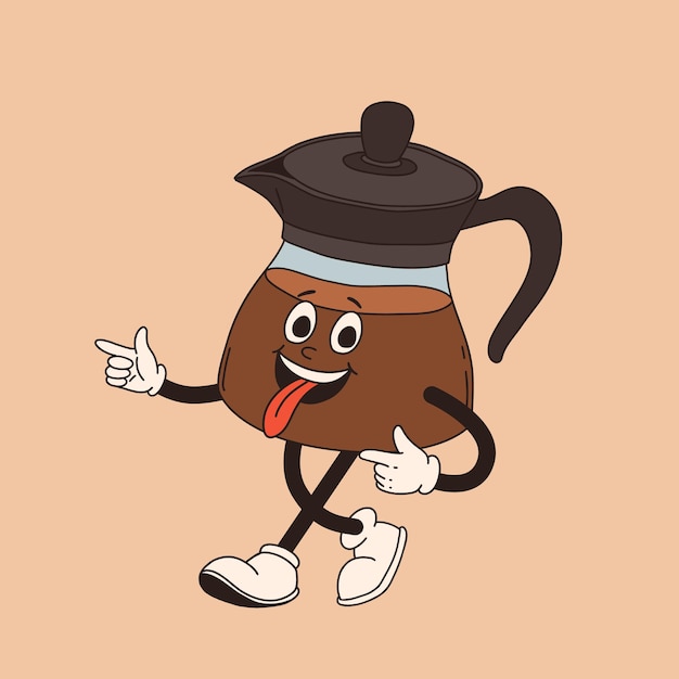 Vector el personaje de la taza de café de dibujos animados retro mug mascota en diferentes poses de los años 60 70 80 groovy taza de espresso