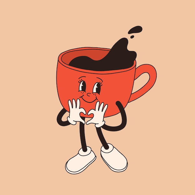 Vector el personaje de la taza de café de dibujos animados retro mug mascota en diferentes poses de los años 60 70 80 groovy taza de espresso