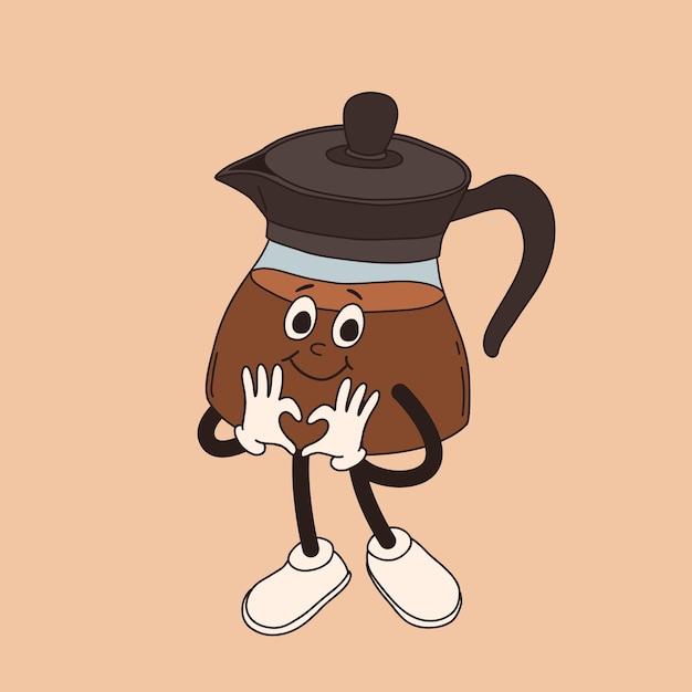 El personaje de la taza de café de dibujos animados retro Mug mascota en diferentes poses de los años 60 70 80 groovy taza de espresso