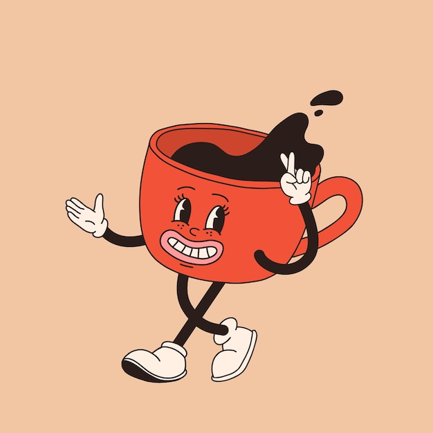 El personaje de la taza de café de dibujos animados retro Mug mascota en diferentes poses de los años 60 70 80 groovy taza de espresso