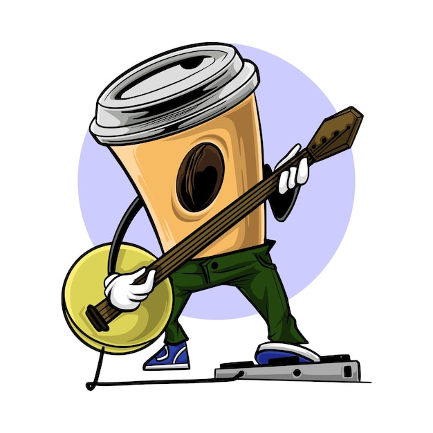 Vector personaje de taza de café tocando la guitarra con música rock