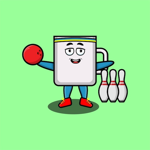 Personaje de taza de dibujos animados lindo jugando bolos en diseño de estilo moderno 3d