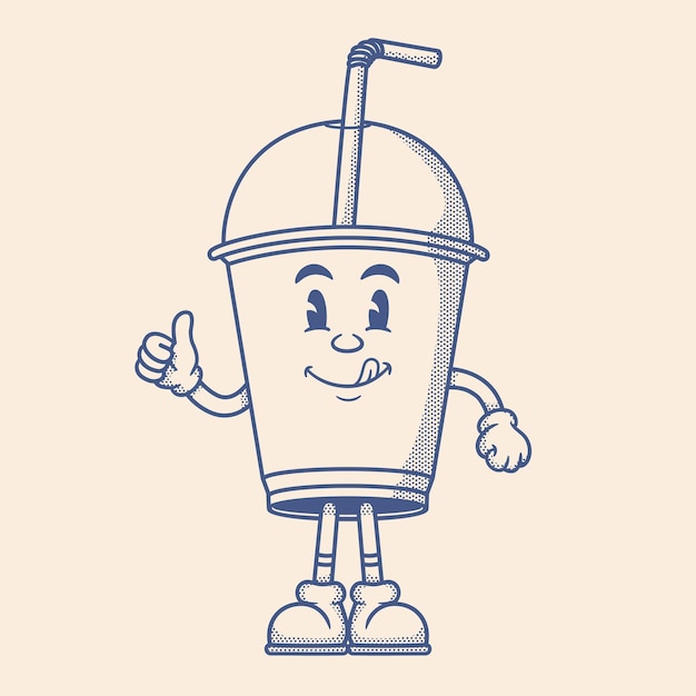 Vector personaje de taza de té de plástico personaje de mascota de dibujos animados retro