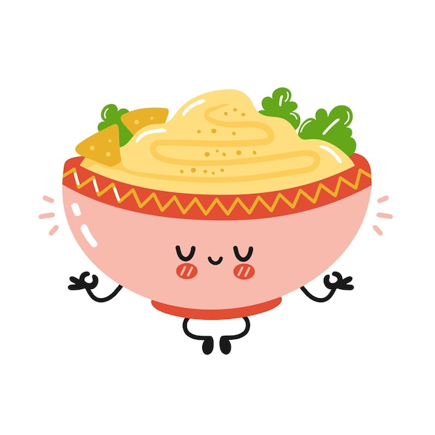 Personaje de tazón de fuente de hummus tradicional divertido lindo meditar