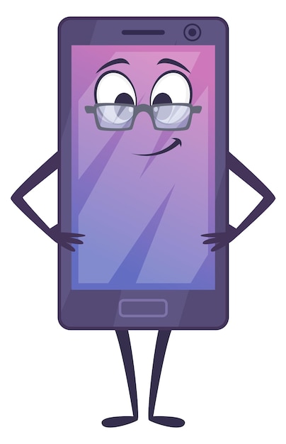 Vector personaje de teléfono inteligente en gafas mascota de teléfono sonriente de dibujos animados