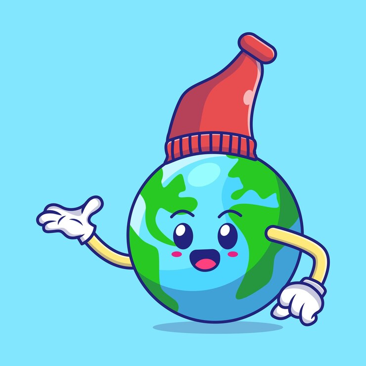 Un personaje de la Tierra Feliz con un sombrero de invierno presentando algo