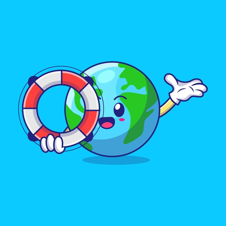 Personaje de la Tierra con un salvavidas que ofrece ayuda y apoyo para problemas ambientales