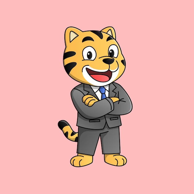 Personaje de tigre de dibujos animados vestido con un traje de negocios formal