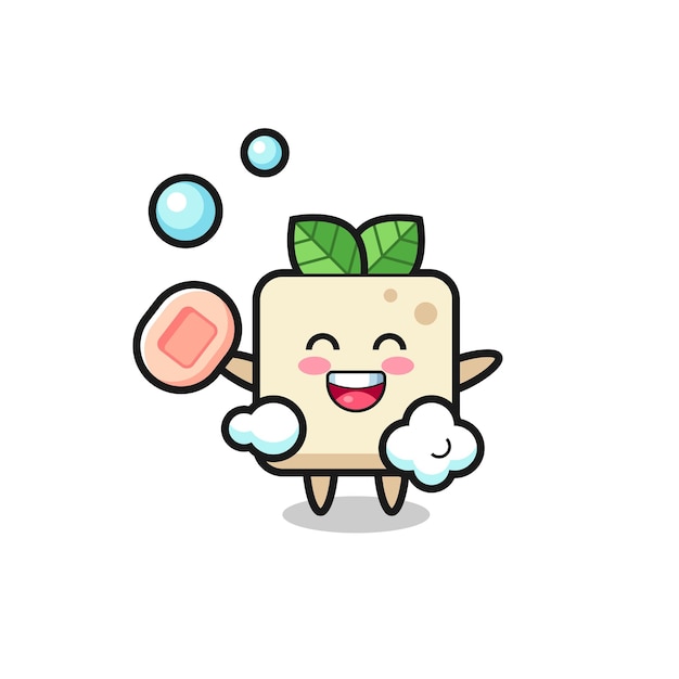 El personaje de tofu se está bañando mientras sostiene el jabón, diseño de estilo lindo para camiseta, pegatina, elemento de logotipo
