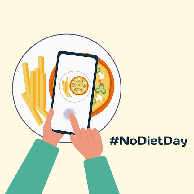 Un personaje toma una foto de una pizza y la publica en una red social con el hashtag No Diet Day