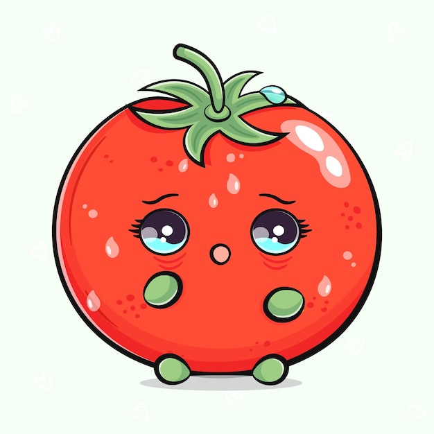 Personaje de tomate asustado Vector dibujado a mano dibujos animados tradicionales vintage retro kawaii icono de ilustración de personaje Fondo verde claro aislado Concepto de personaje de tomate de llanto