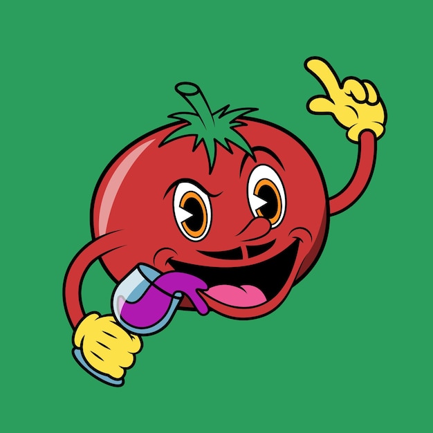 Personaje de tomate lindo de dibujos animados feliz con una copa de vino