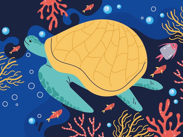 Vector personaje de tortuga nadando en la composición del fondo del mar ilustración de diseño gráfico de dibujos animados planos