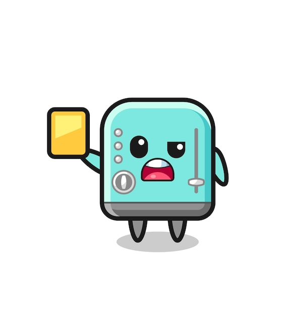 Personaje de tostadora de dibujos animados como árbitro de fútbol dando una tarjeta amarilla