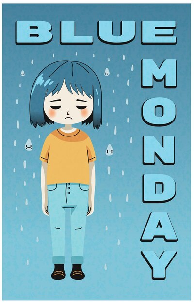Personaje triste en la lluvia Ilustración del lunes azul