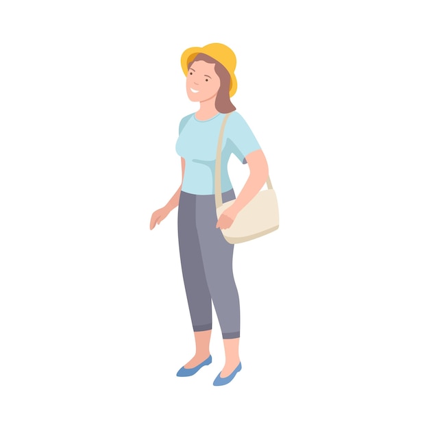 Personaje turístico femenino con bolsa en una excursión o visita turística Ilustración vectorial