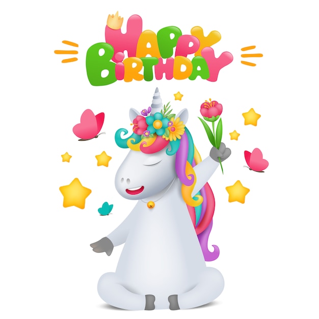 Personaje de unicornio de dibujos animados lindo arco iris con flor en mano. plantilla de tarjeta de cumpleaños